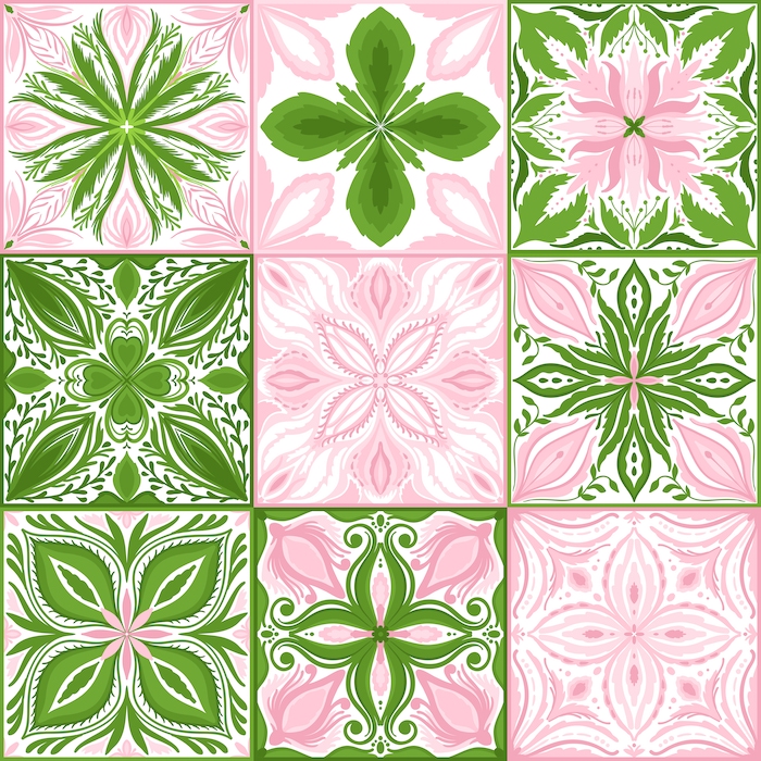 Pink and Green Ornate Tile Wallpaper
