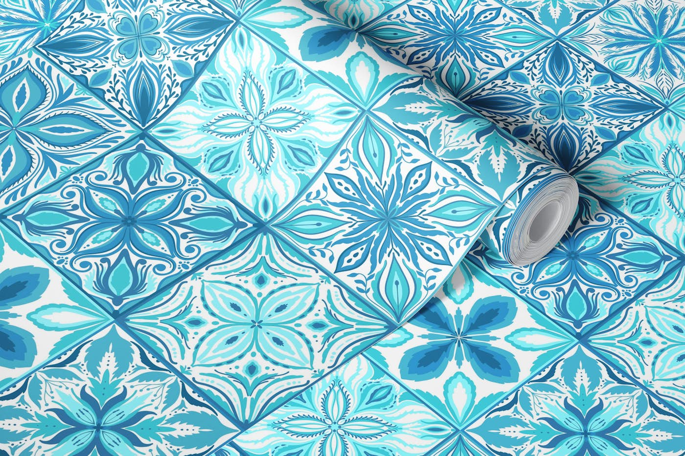 Ornate tiles in blue and white wallpaper roll