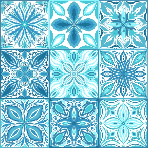 Ornate tiles in blue and white
