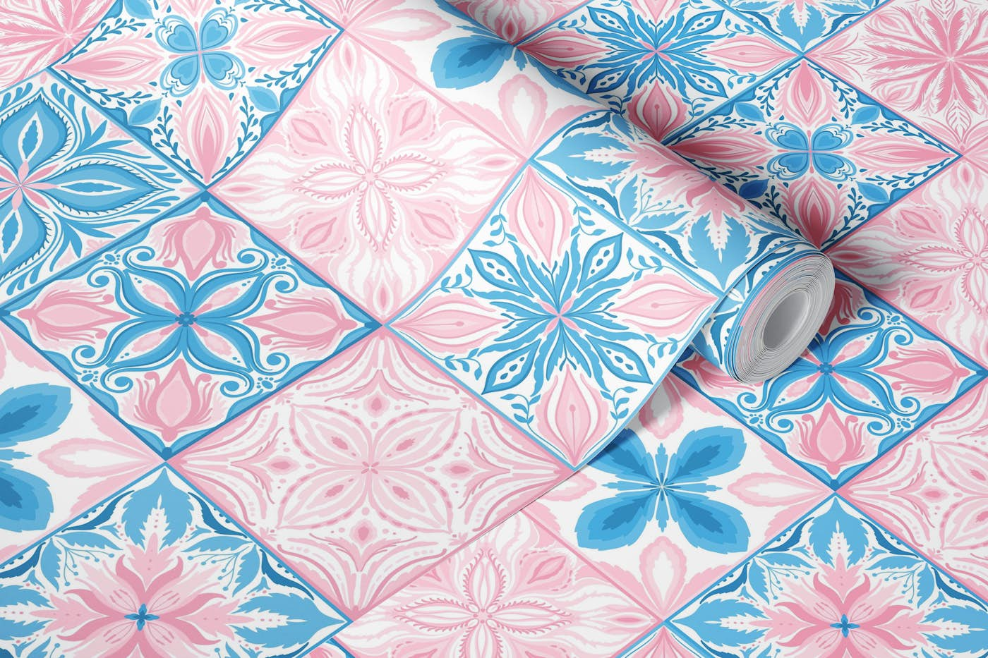 Ornate tiles in pink and blue wallpaper roll