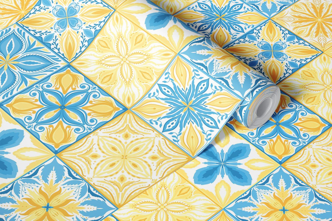 Ornate tiles in blue and yellow wallpaper roll