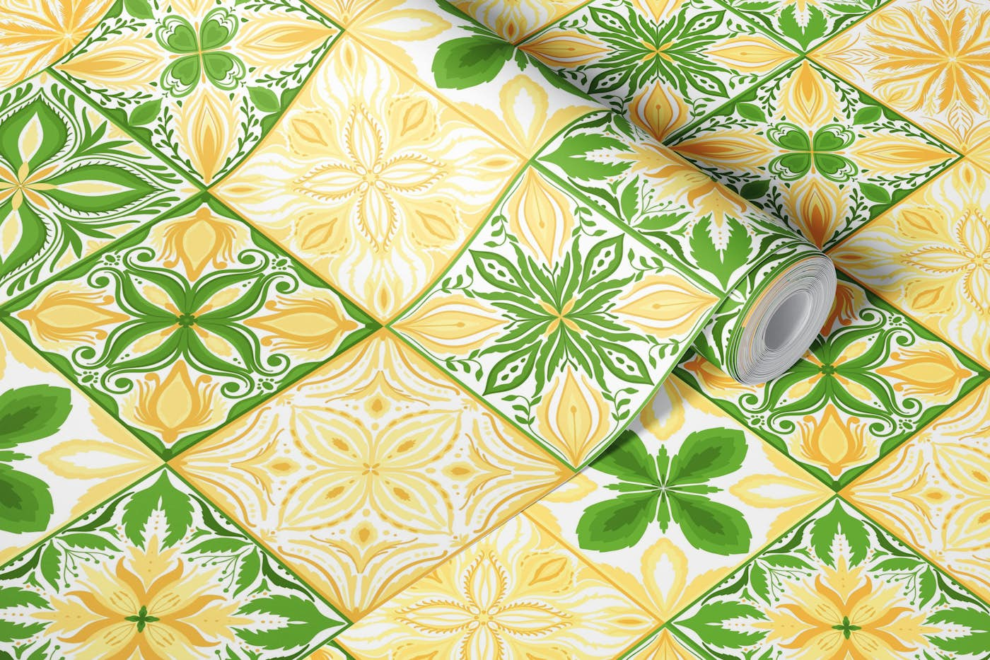 Ornate tiles in reen and yellow wallpaper roll