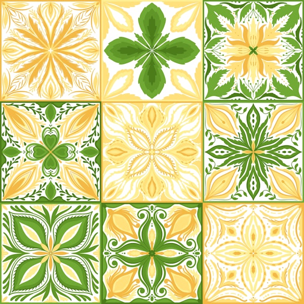 Ornate tiles in reen and yellow