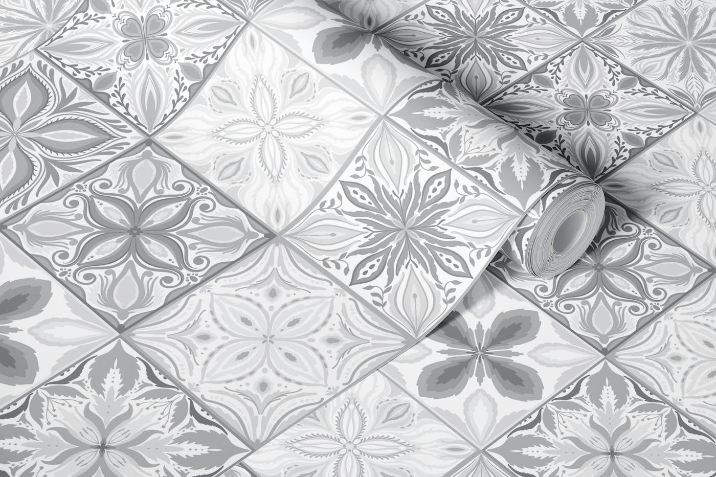 Ornate tiles, monochrome gray wallpaper roll