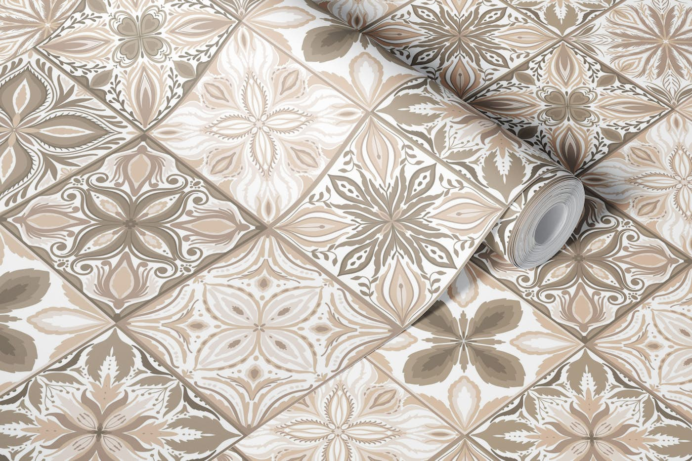 Ornate tiles, neutral bowns wallpaper roll