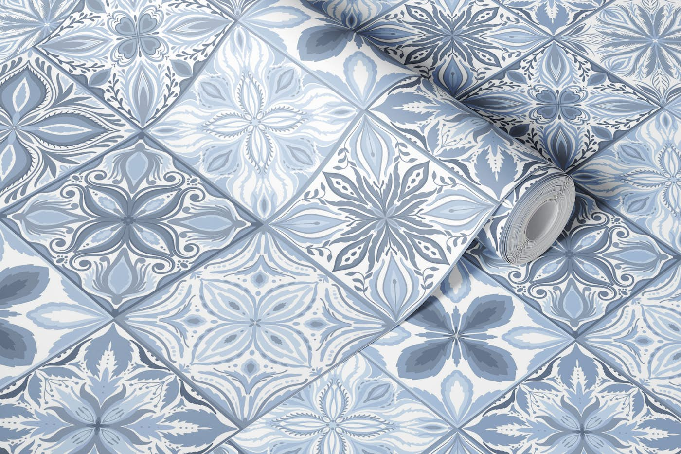 Ornate tiles, neutral blues wallpaper roll