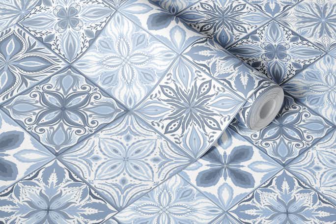 Ornate tiles, neutral blueswallpaper roll