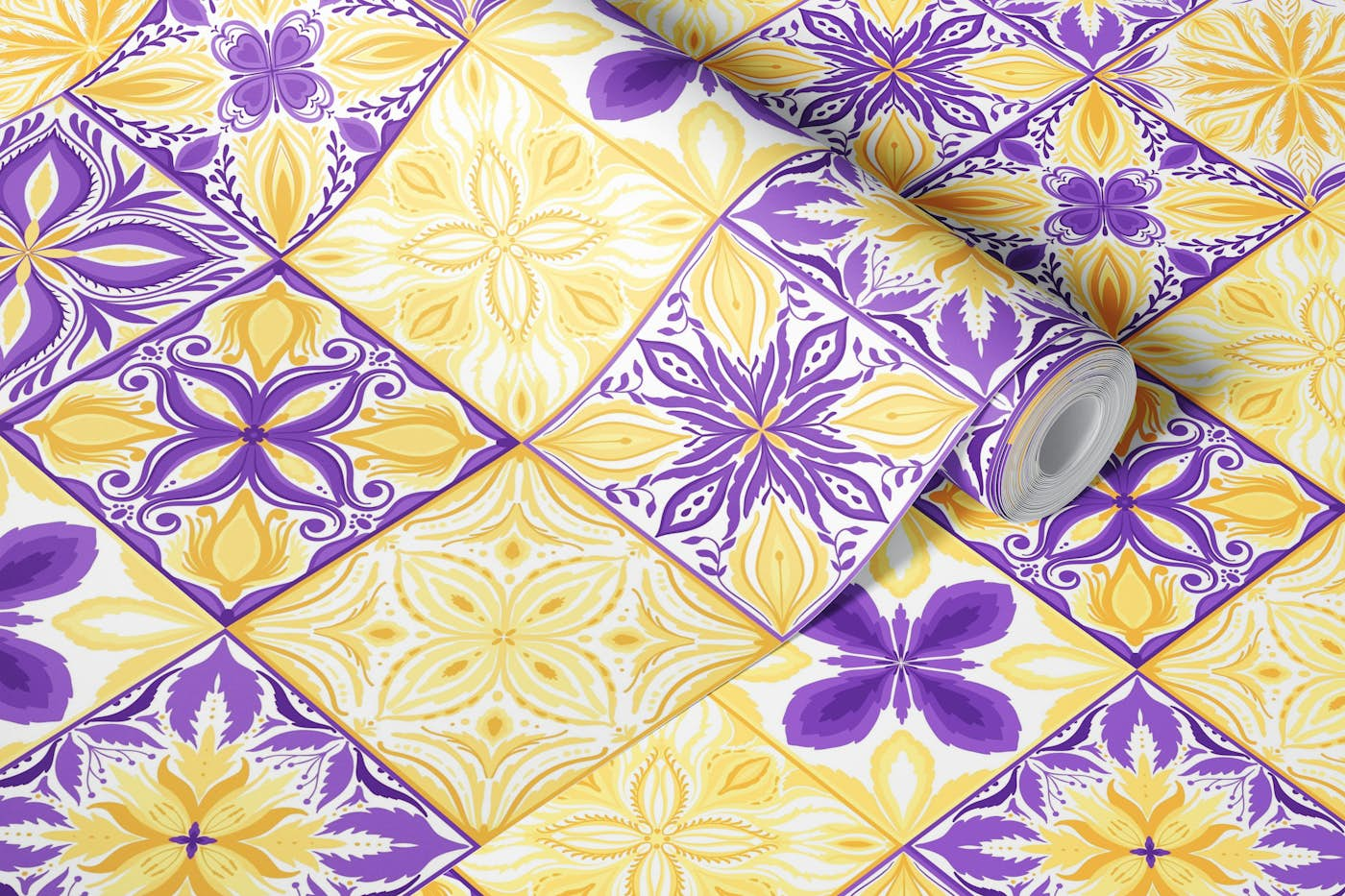 Ornate tiles in yellow and bue-magenta wallpaper roll