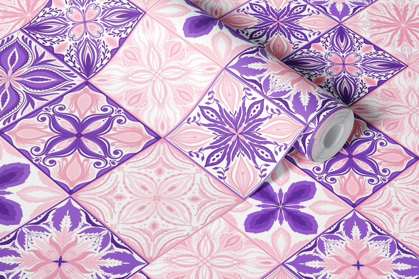 Ornate tiles in pink and blue-magenta wallpaper roll