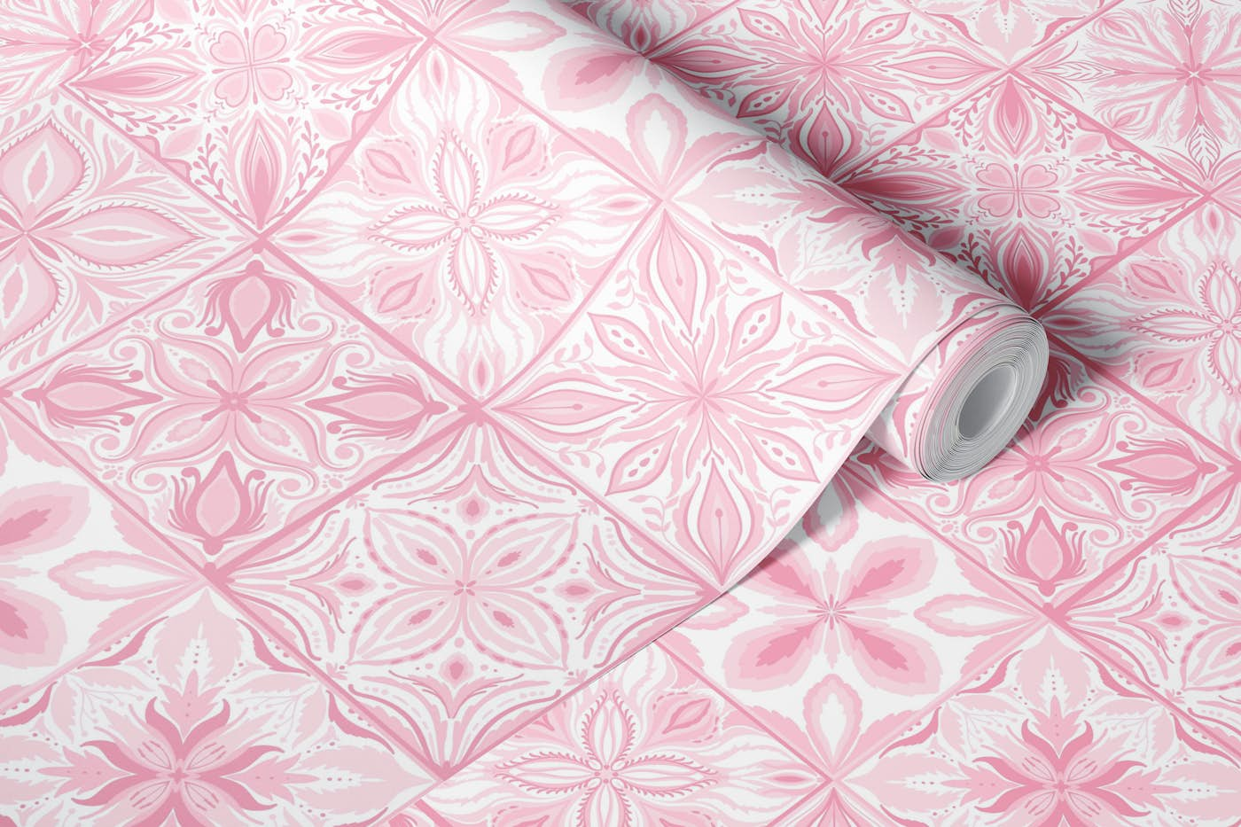 Ornate tiles in pink wallpaper roll