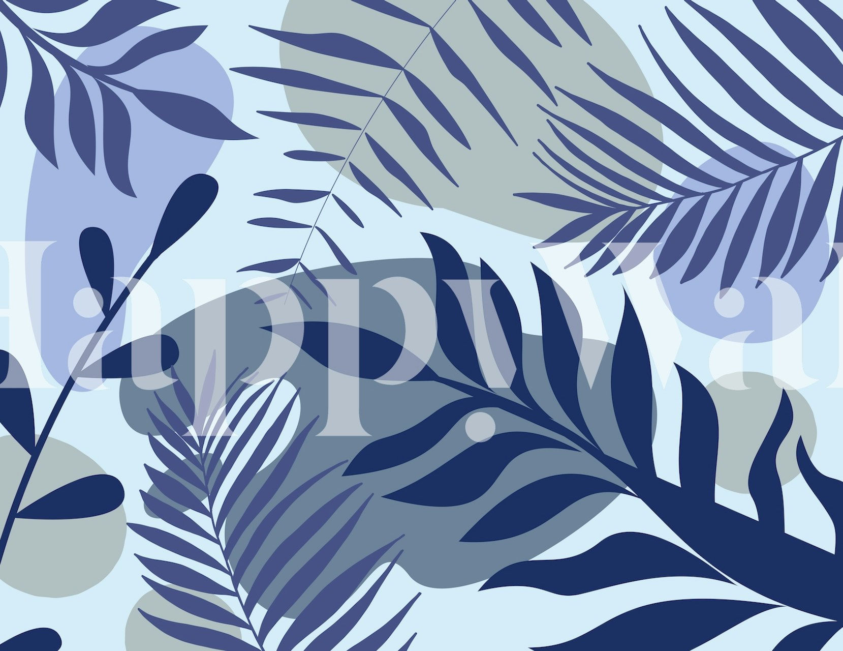 Blue Foliage wall mural with blue leaf patterns on a pale background