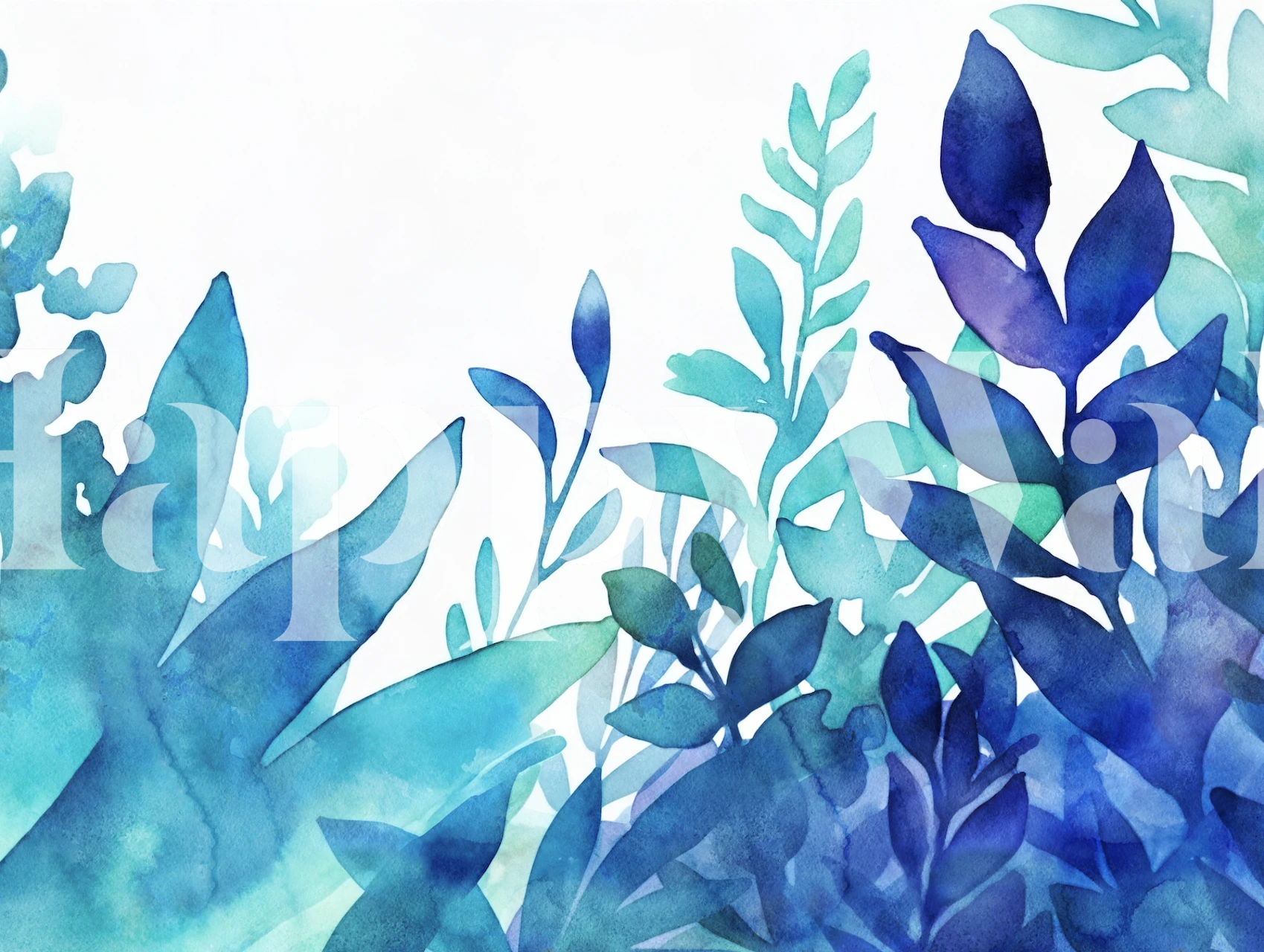 Turquoise foliage wallpaper featuring blue-green leaves in watercolor style