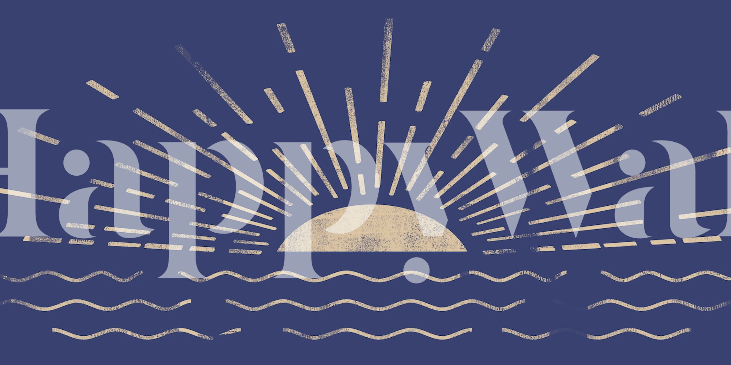 Sunset over the ocean with rays and waves in navy blue and beige wallpaper