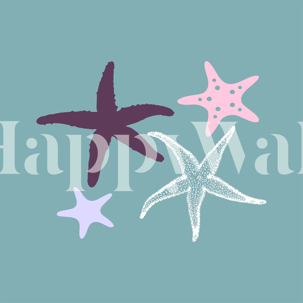 Mint green wallpaper featuring sea star patterns in pink, purple, and white