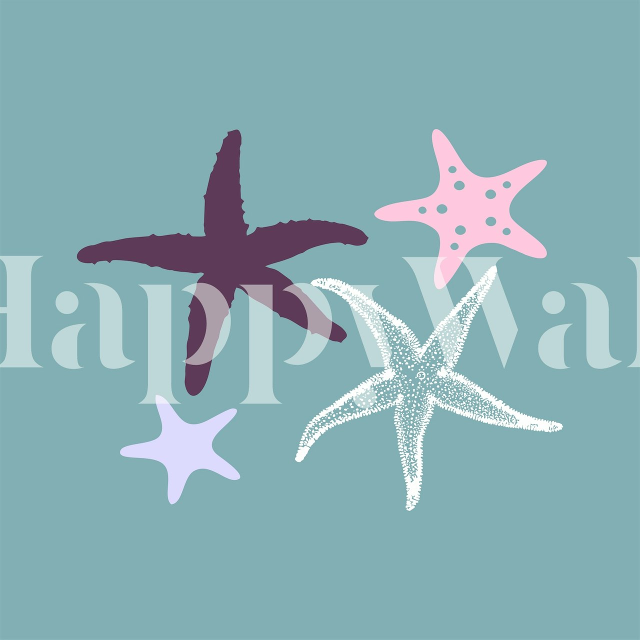 Mint green wallpaper featuring sea star patterns in pink, purple, and white