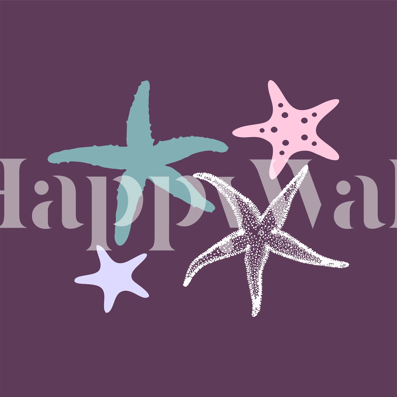 Mörk violett bakgrund med ett mönster av havsstjärnor i olika storlekar