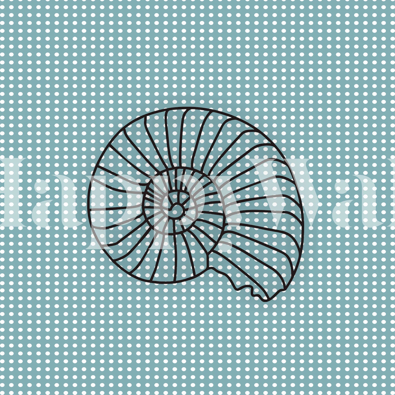 Mint green background with polka dots and a line drawing of a sea shell in the center