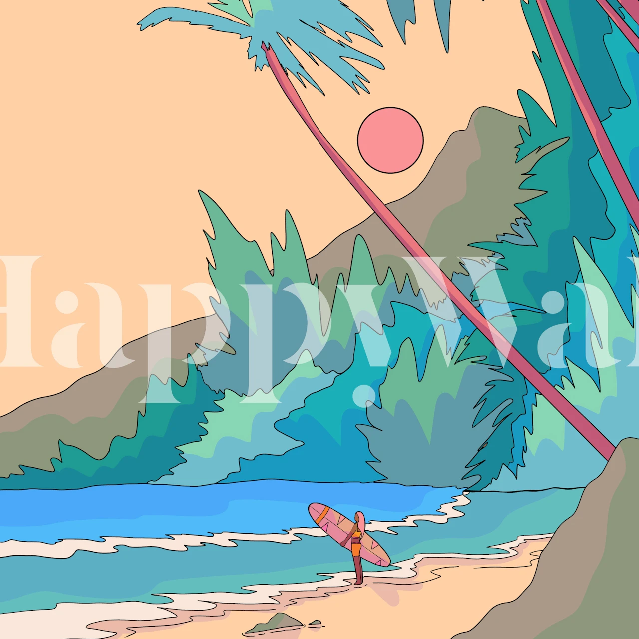 Tropical beach scene with palm trees and a surfer wallpaper