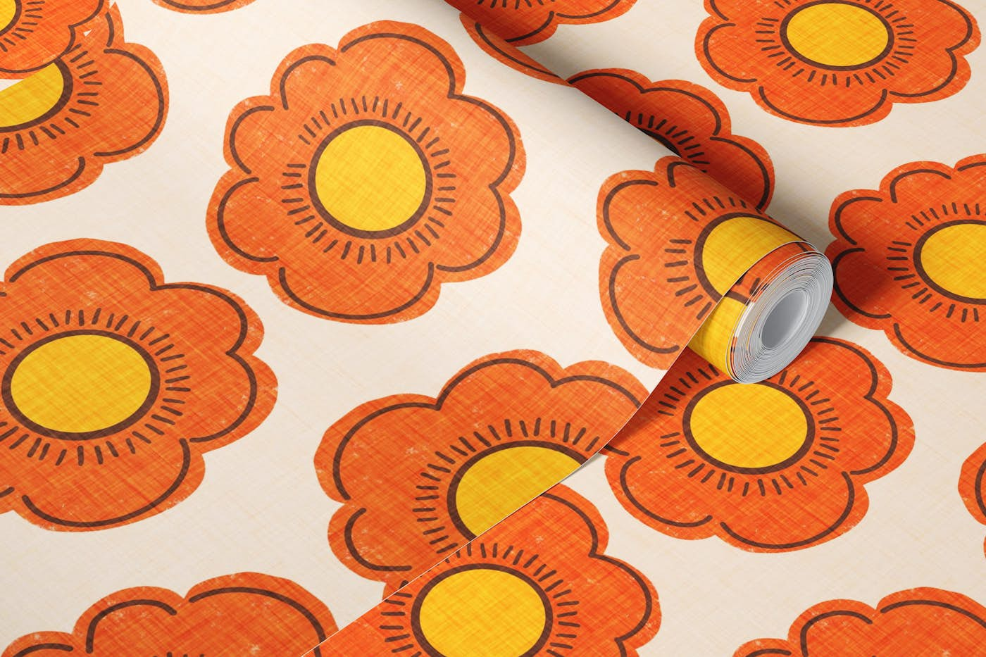 70s Flower Beige - Mid-century Floral wallpaper roll