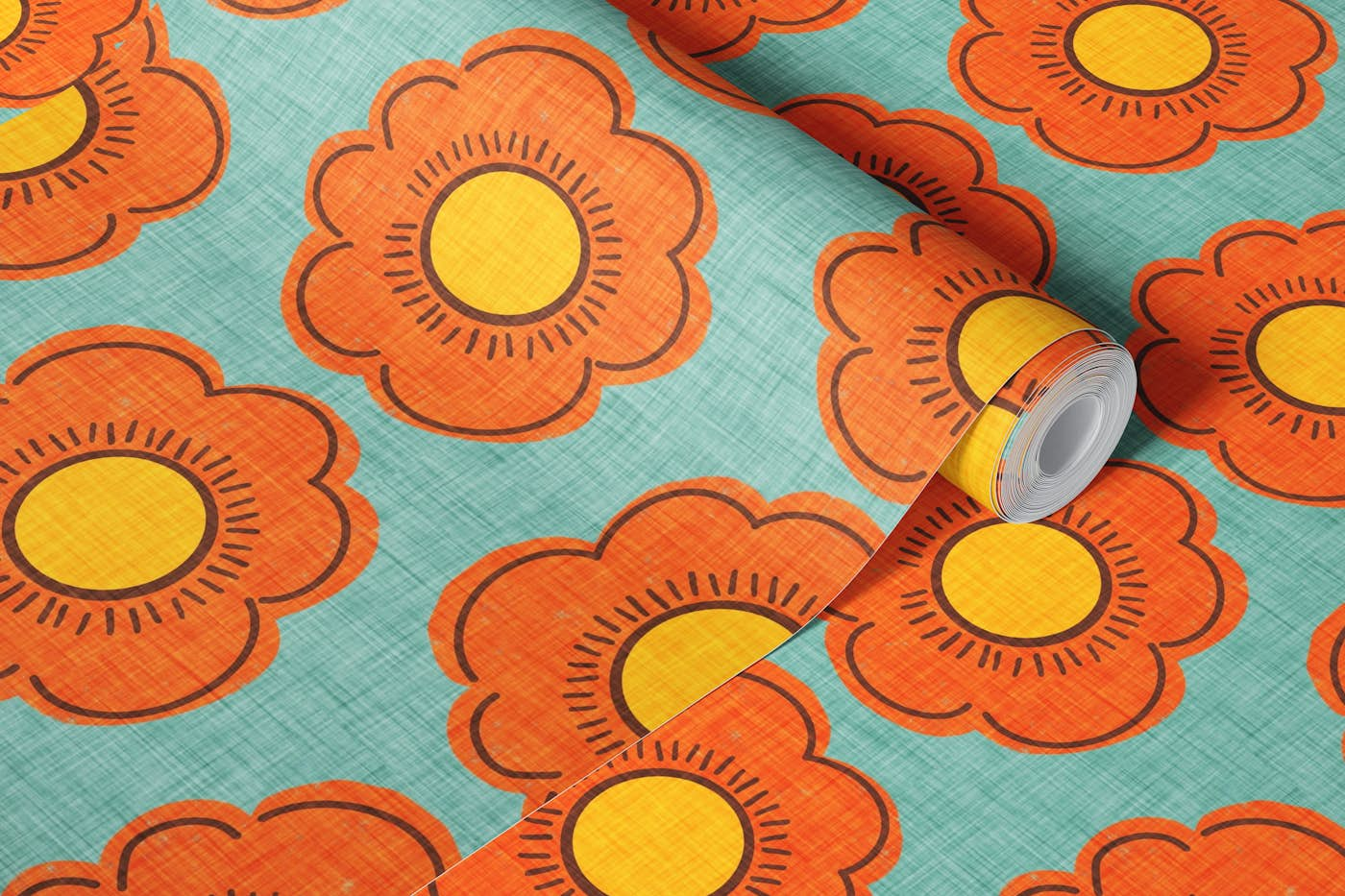 70s Flower Blue- Mid-century Floral wallpaper roll