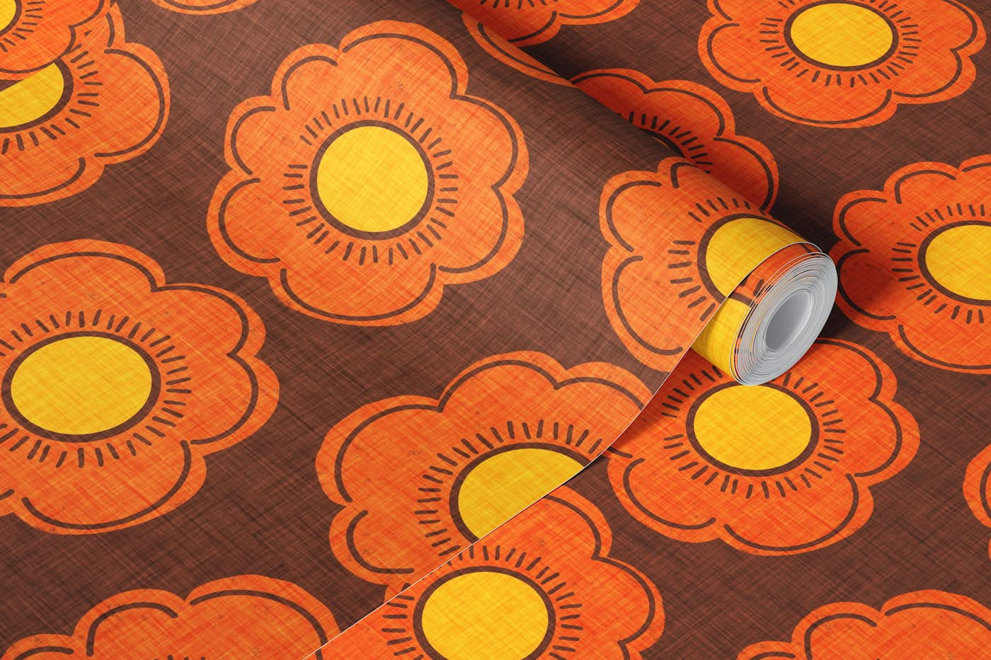 70s Flower Brown - Mid-century Floral wallpaper roll