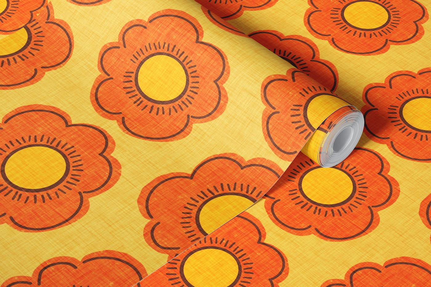 70s Flower Yellow - Mid-century Floral wallpaper roll