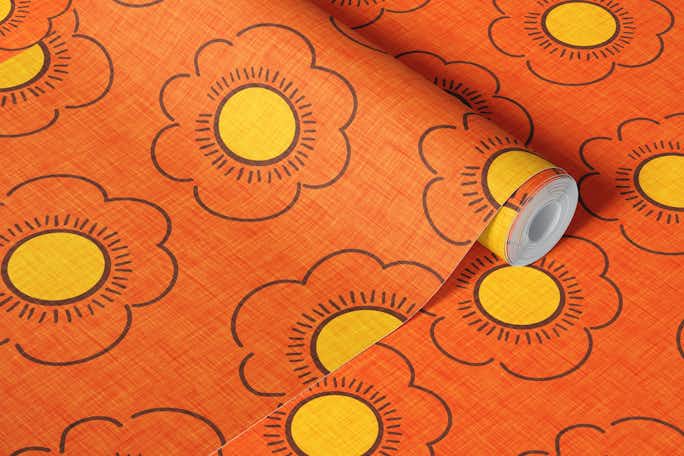 70s Flower Orange - Mid-century Floralwallpaper roll