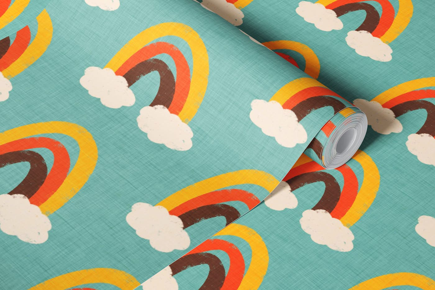 Groovy 70s Cute Rainbow with clouds Blue wallpaper roll