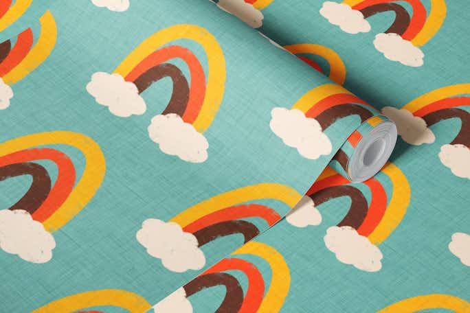 Groovy 70s Cute Rainbow with clouds Bluewallpaper roll