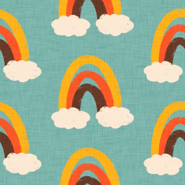 Groovy 70s Cute Rainbow with clouds Blue