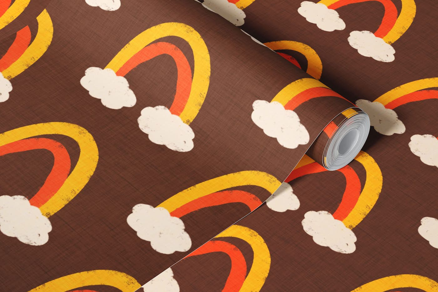 Groovy 70s Cute Rainbow with clouds Brown wallpaper roll