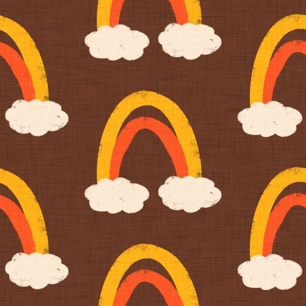 Groovy 70s Cute Rainbow with clouds Brown