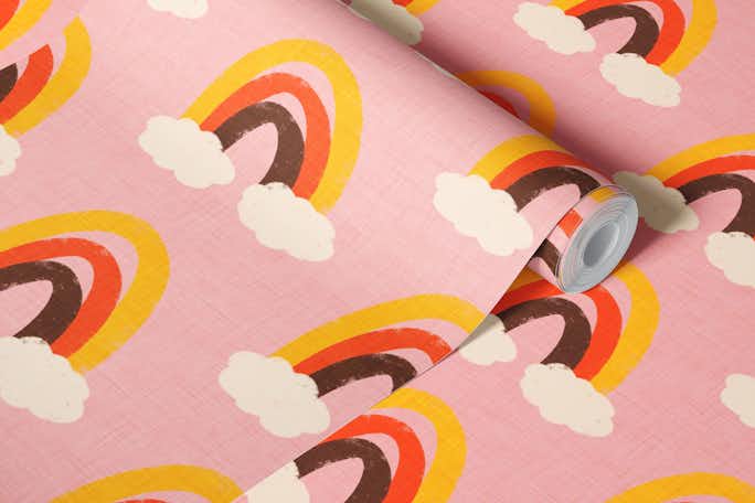 Groovy 70s Cute Rainbow with clouds Pinkwallpaper roll