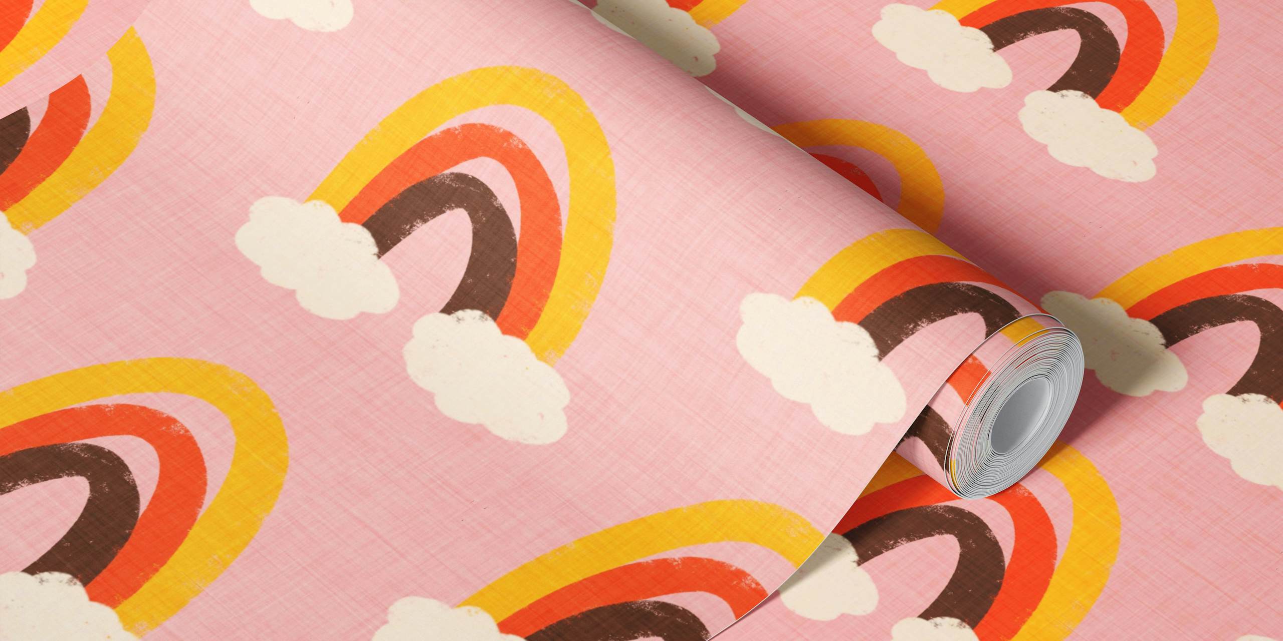 Ett mönster av söta regnbågar med moln på en rosa fondtapet