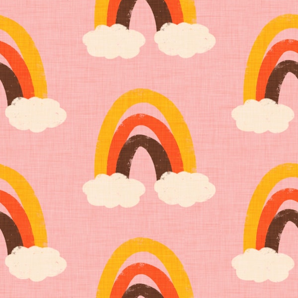 Groovy 70s Cute Rainbow with clouds Pink
