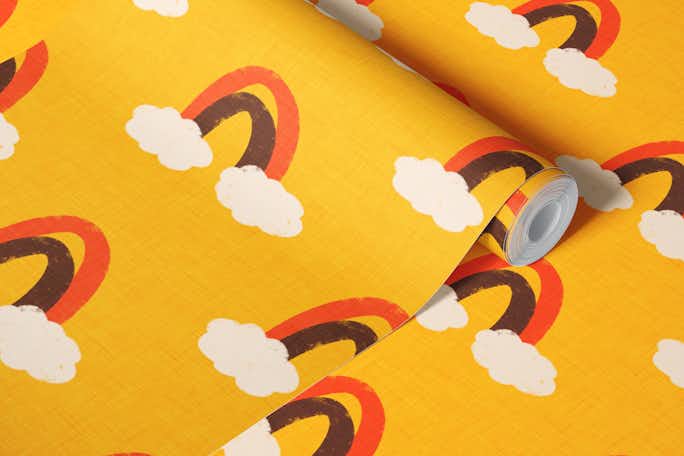 Groovy 70s Cute Rainbow with clouds Yellowwallpaper roll