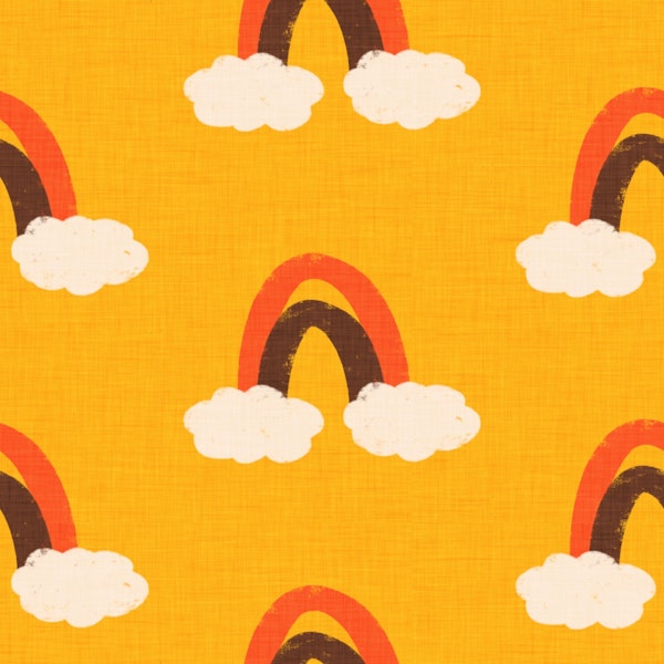 Groovy 70s Cute Rainbow with clouds Yellow