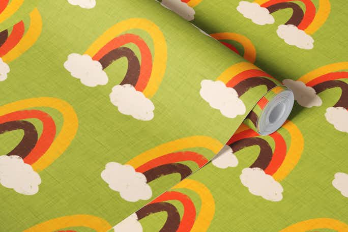 Groovy 70s Cute Rainbow with clouds Greenwallpaper roll