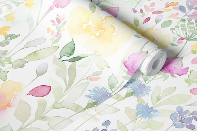 Midsummer watercolor wild flowerswallpaper roll