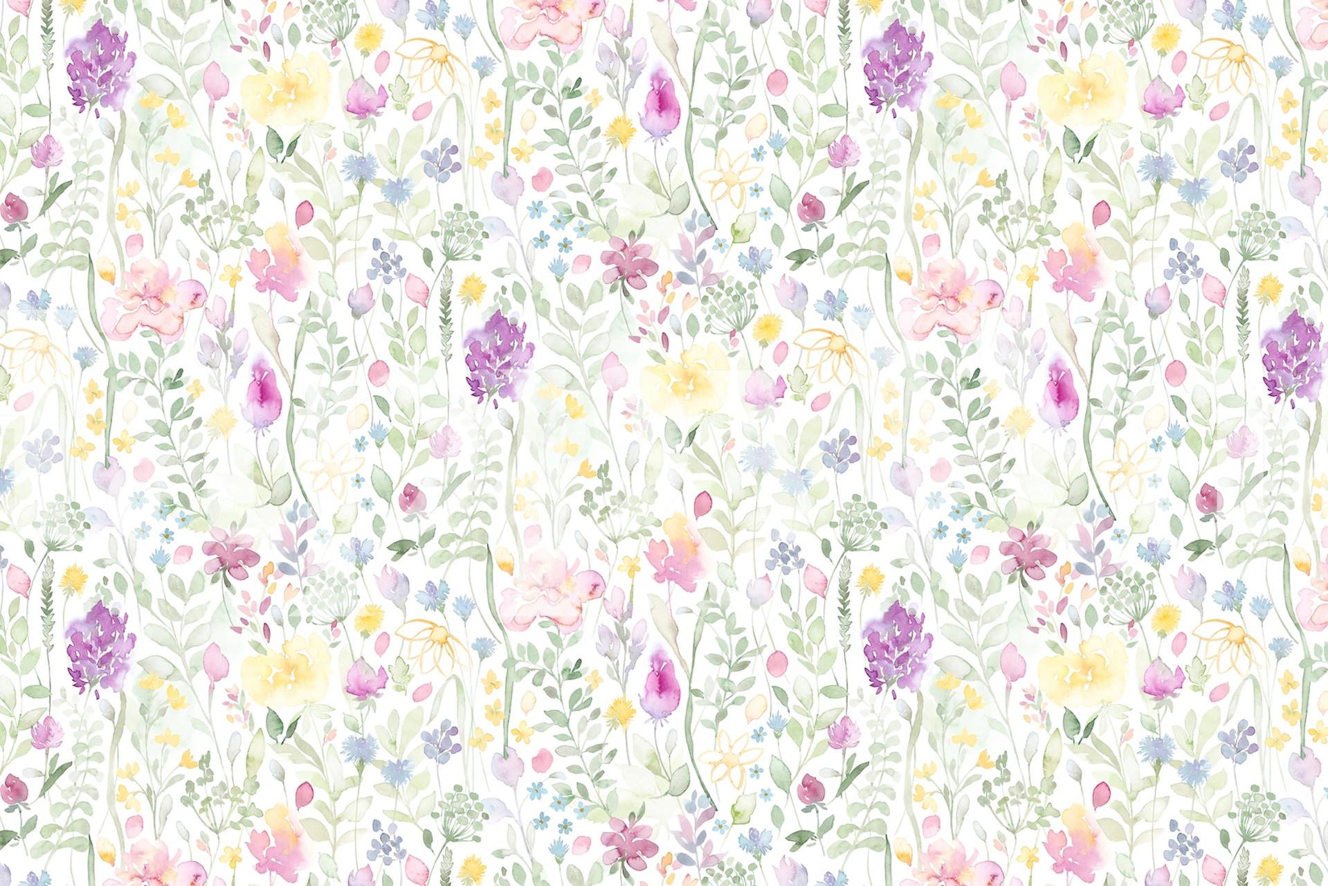 Pastel floral watercolor wallpaper featuring various flowers in pink, purple, yellow, and green.