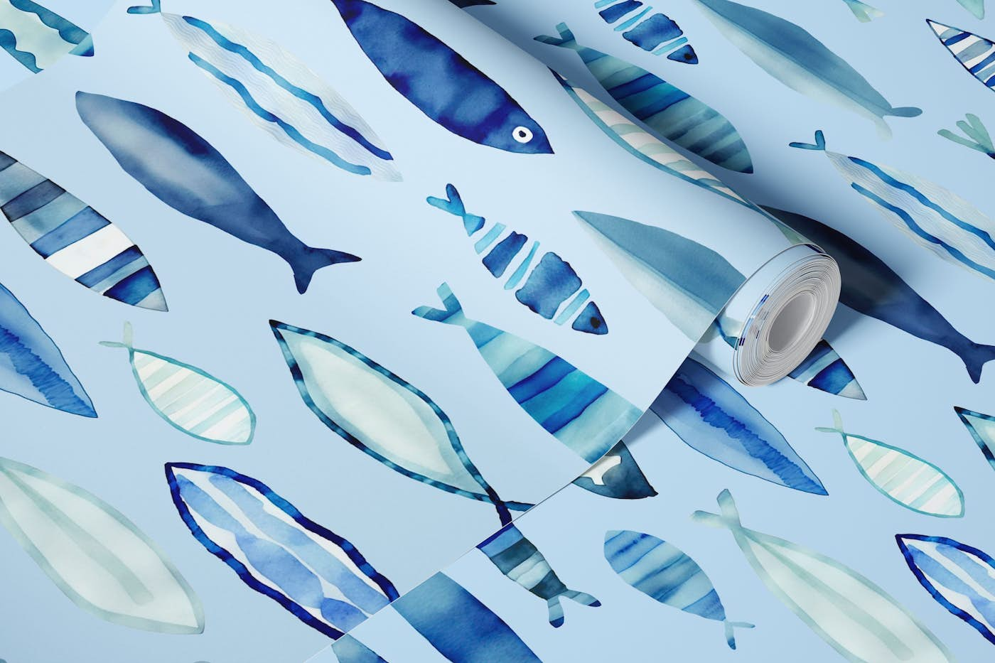 Watercolor Fish Blue Summer Vibe wallpaper roll