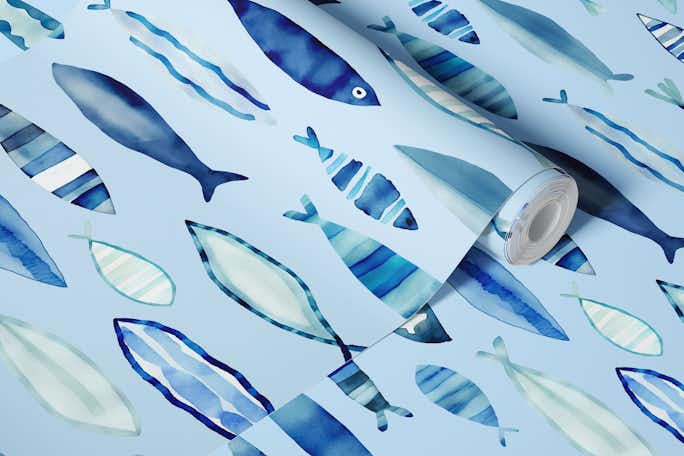 Watercolor Fish Blue Summer Vibewallpaper roll