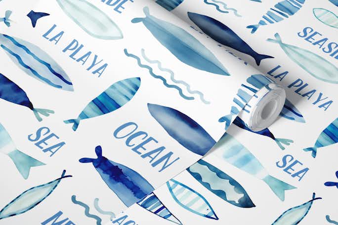 Whimsy Watercolor Fish Blue Summer Funwallpaper roll