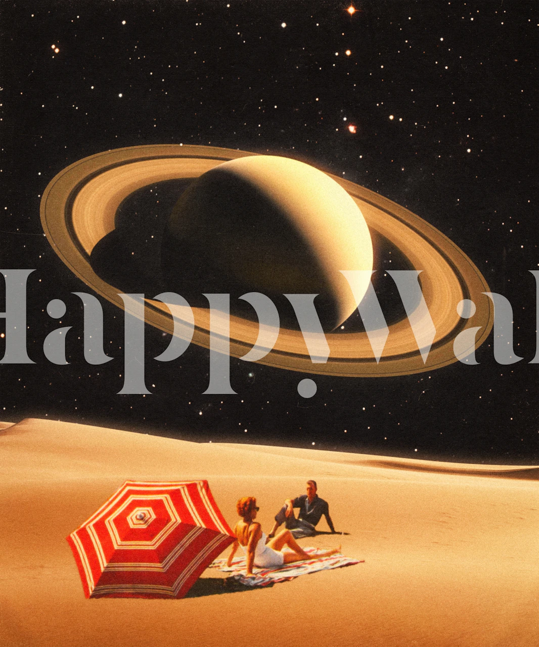 Couple on desert with Saturn above in starry sky wallpaper