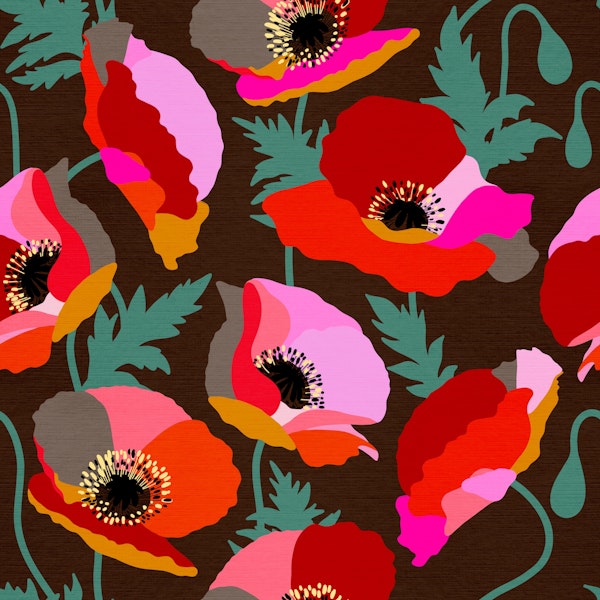 Poppy Parade - Bold Florals on Brown