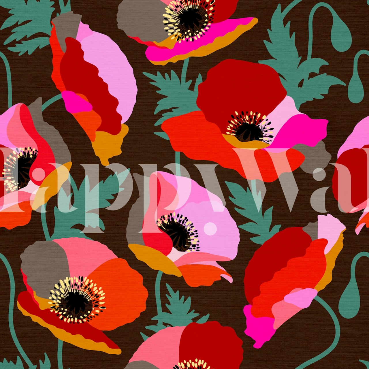 Colorful poppy flowers on brown background wallpaper