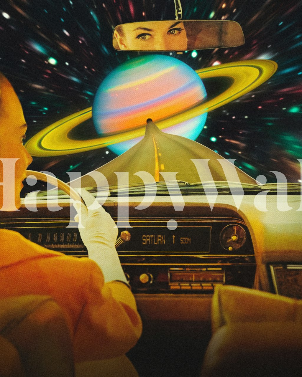 Wnętrze zabytkowego samochodu z widokiem na Saturna i gwiazdy w kosmicznej scenerii