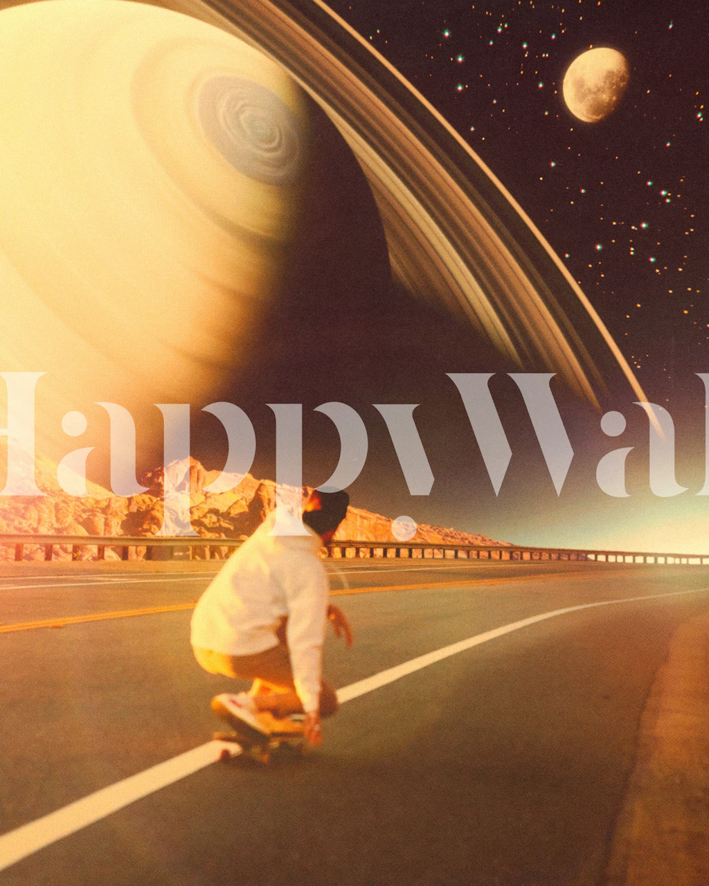 Skateboarder in space with swirling galaxies and rings. Cosmic wallpaper