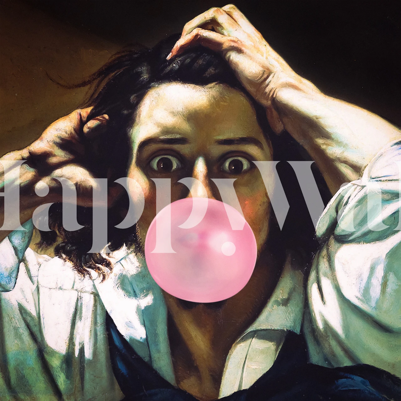 Dramatic figure with shocked expression blowing pink bubble gum wallpaper