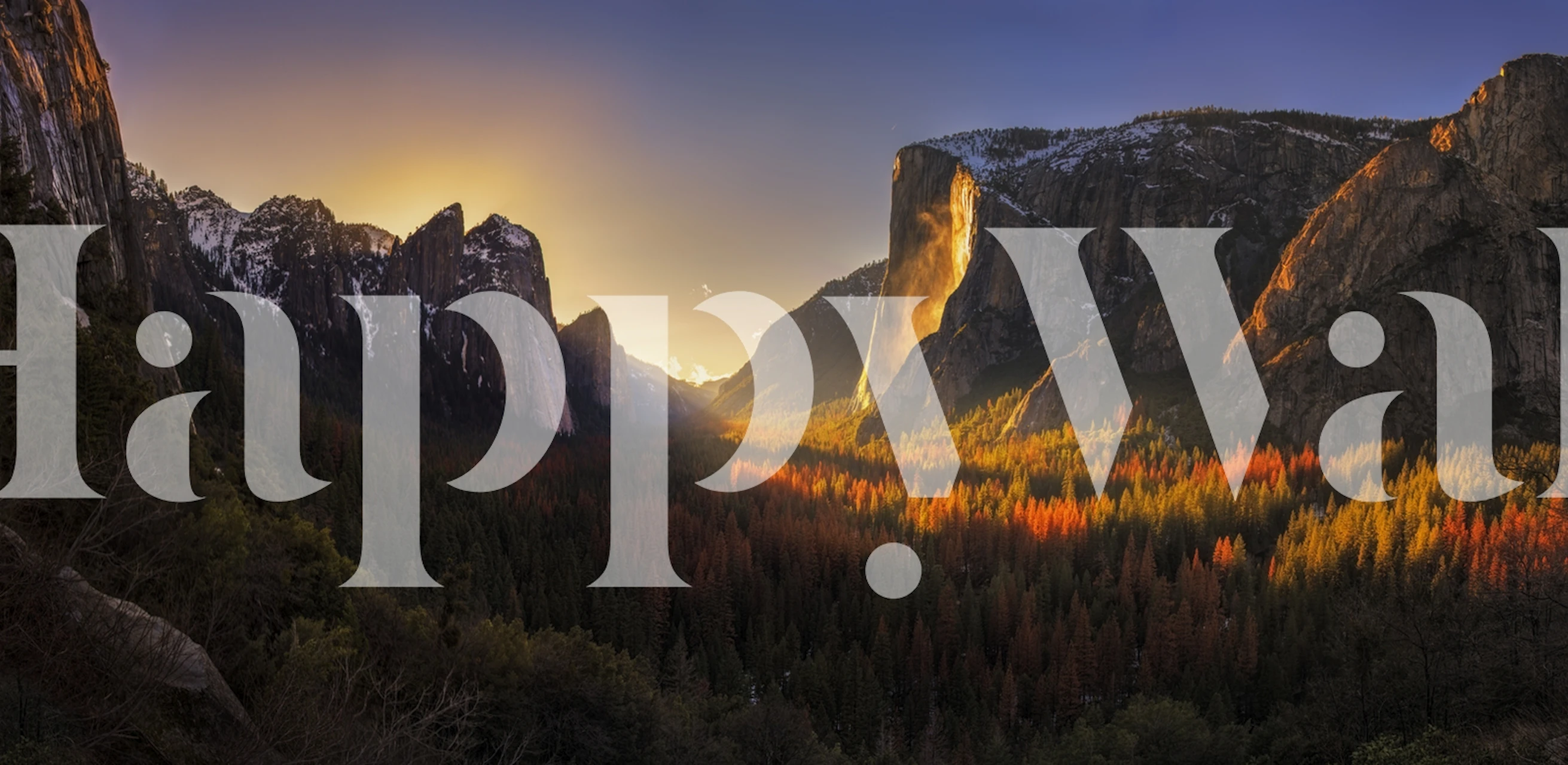 A vivid sunset over Yosemite's Firefall, showcasing red, orange, and gold tones against majestic mountains. Nature wallpaper